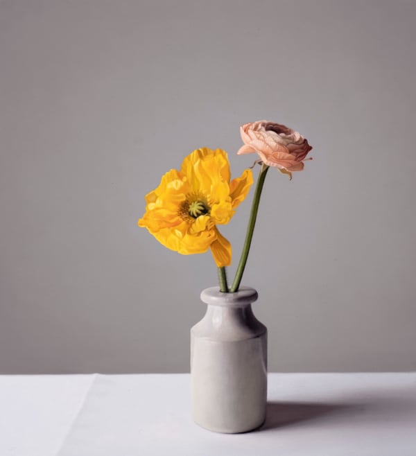 Jo Barrett Still Life with Icelandic Poppy and Ranunculus Signed JB6/22 Oil on canvas 17.71 x 16.14ins (45 x 41cm) (artwork size) 18.89 x 17.32ins (48 x 44cm) (framed size)