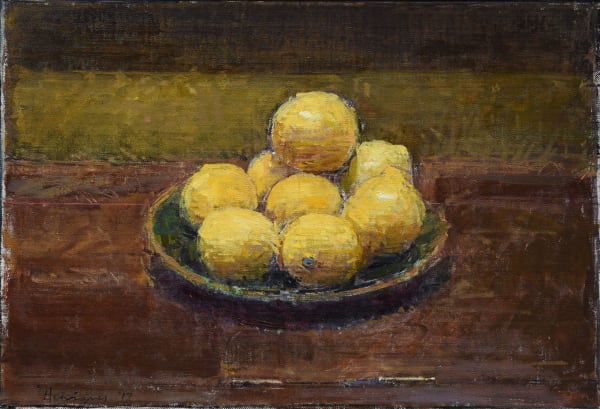 Ben Henriques Lemons Oil on canvas panel 13.18 x 19.18ins (33.1 x 48.5cm) (artwork size) 16.14 x 22.04 (41 x 56cm) (framed size) Sept 2017