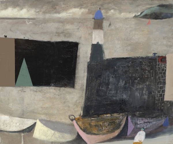 Nicholas Turner Blue Lighthouse, 2021 Oil on linen 19.69 x 23.62ins (50 x 60cm) (artwork size) 28 x 24ins (71 x 24cm) (framed size)