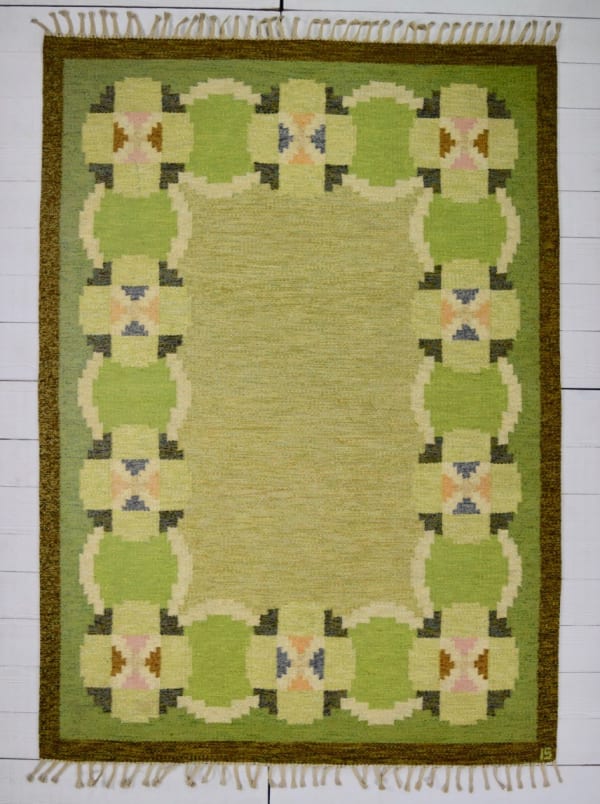 Swedish flat woven rug by Ingegerd Silow 232 x 167cm circa 1960 - 1970 Signed IS in one corner