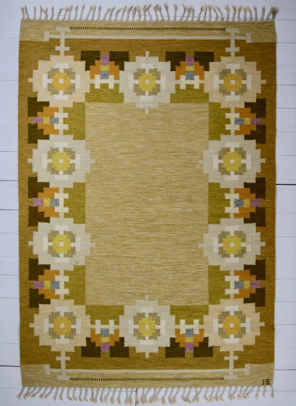 Swedish flat woven rug by Ingegerd Silow 235 x 164cm circa 1960 - 1970 Signed IS