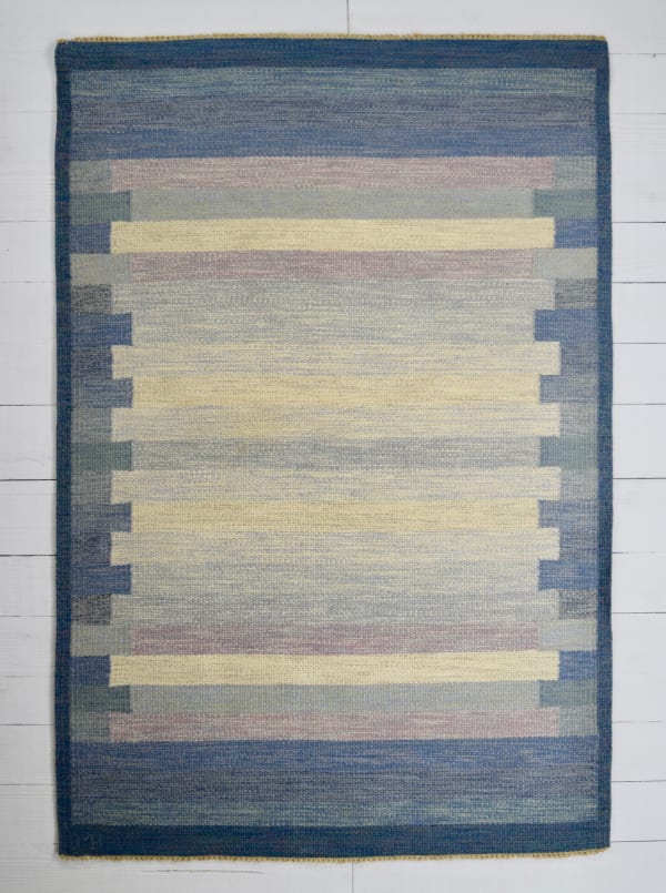 Swedish flatwoven rug by Anna Maria Boberg 206 x 138cm signed AMB. Circa 1960-1970.
