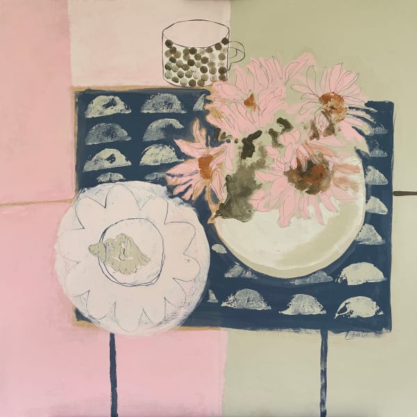 Sam Purcell Sunflowers and Shell Mixed media on board 60 x 60 cms