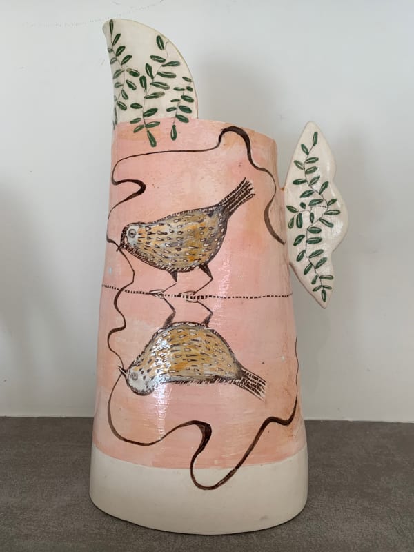 Laurance Simon, Large Pink Jug with Mirror Image Bird & Ribbon