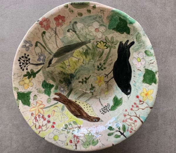 Amelia Tuttiett, Colin the Coal Tit being very Grumpy with Bertie Blackbird & Sammy Song Thrush - Bowl