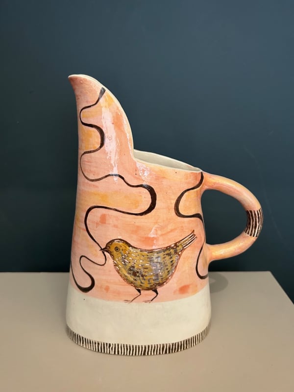 Laurance Simon, Medium Pink & White Jug with Bird & Ribbon