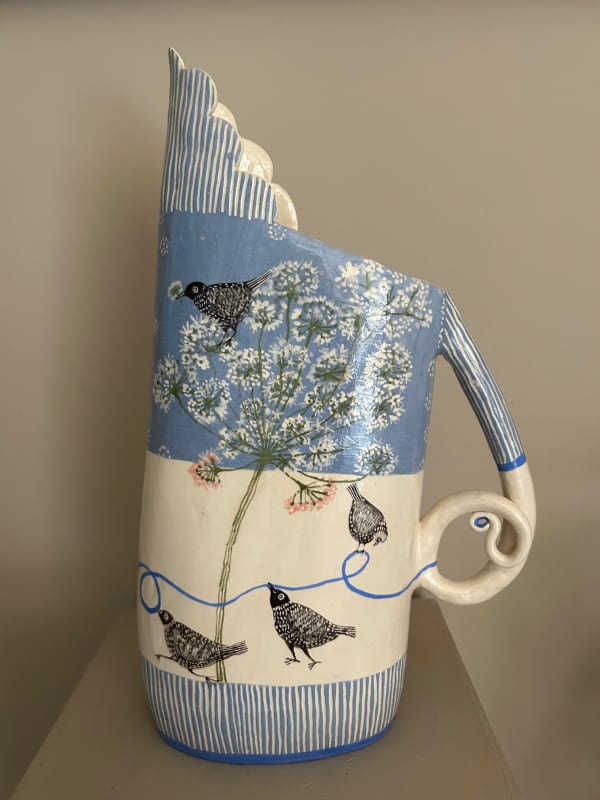 Laurance Simon, Large Blue Jug with Birds & Cowparsley