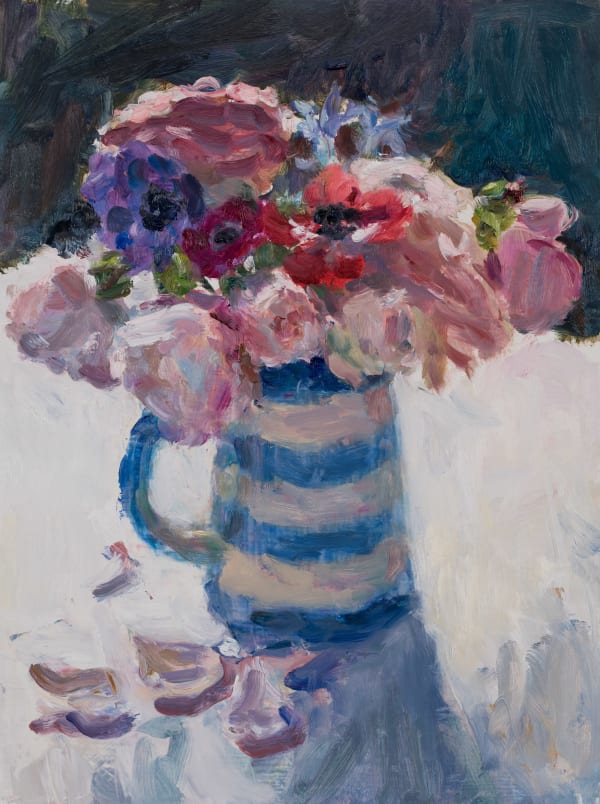 Lynne Cartlidge, Roses & Anemones in a Striped Jug