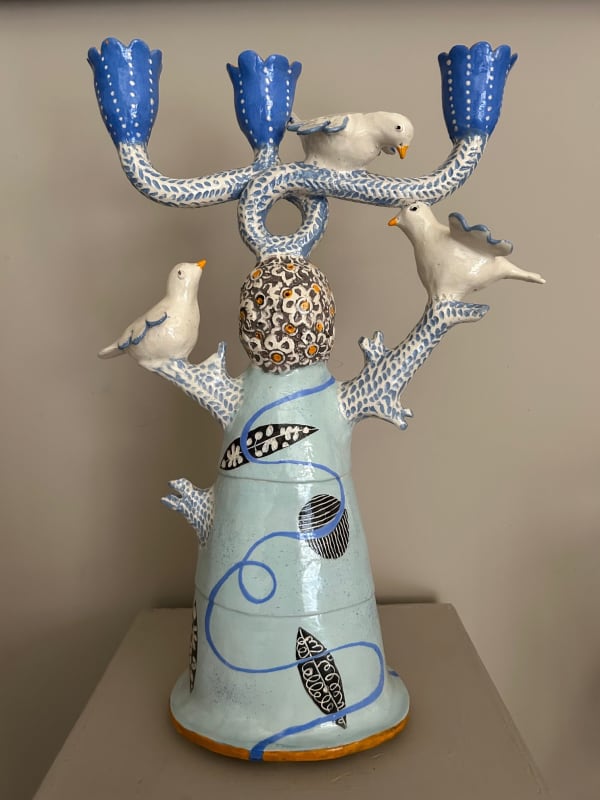 Laurance Simon, Three Cup Blue Candelabra with Doves