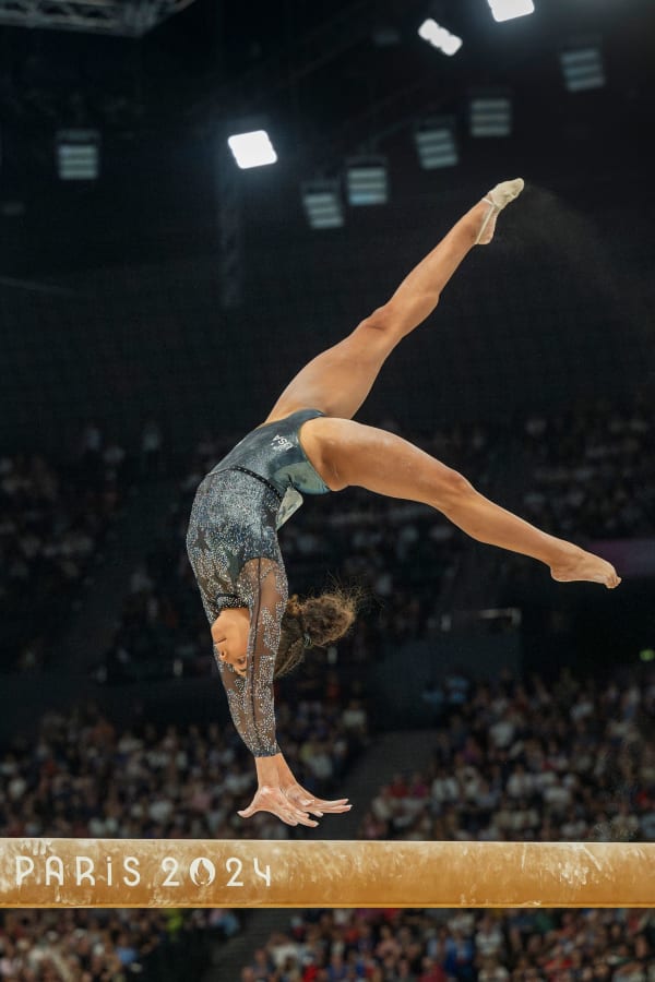 Mark Edward Harris - Team USA gymnast Hezly Rivera performing on the balance beam, Paris, France 2024