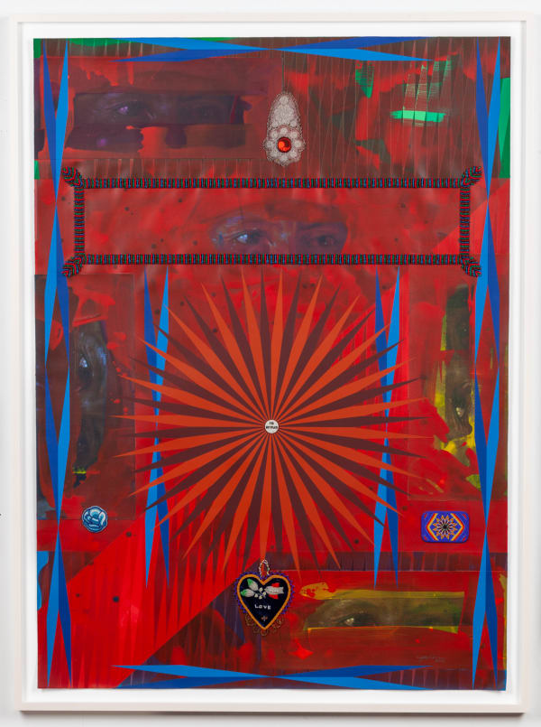 Jeffrey Gibson Christian Naiche, 2021 Mixed Media Collage, Acrylic Paint, Vintage Beaded Picture Frame (Glass Beads, Cotton Fabric, Cardboard, Velvet, Cotton Thread, Suede), Vintage Pin, Vintage Beaded Barrette (Glass Beads, Suede, Polyester, Thread) Vintage Beaded Belt Buckle (Glass Beads, Suede, Polyester, Thread), Vintage Beaded Whimsey (Glass Beads, Velvet, Cardboard, Saw Dust, Thread) Glass Beads, Nylon Thread 64 x 48 x 1 1/2 in 162.6 x 121.9 x 3.8 cm