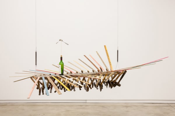 Glenn Kaino A Plank for Every Pirate, 2014 Wood beam, yardsticks, hammers, string and hardware 128 x 80 x 61 in 325.1 x 203.2 x 154.9 cm