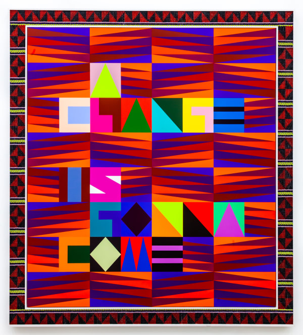 Jeffrey Gibson A CHANGE IS GONNA COME, 2019 Acrylic on canvas, glass beads and artificial sinew inset into custom wood frame 82 x 74 in 208.3 x 188 cm