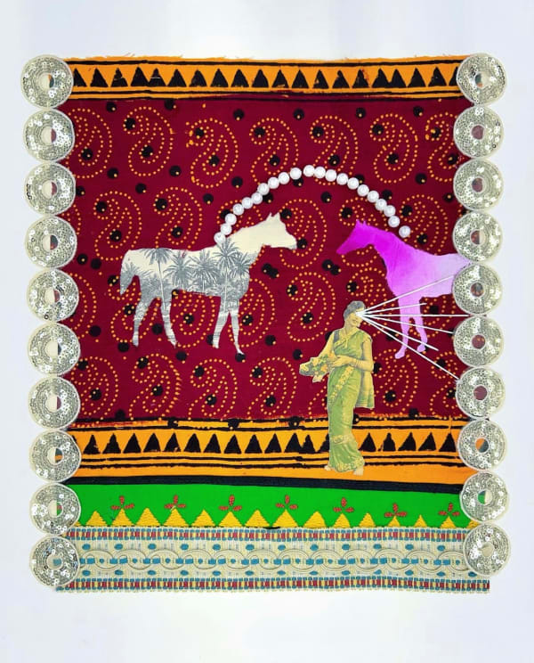 Suchitra Mattai b. 1973a past a future a loss a boon, 2022 Gouache, vintage Indian fabric, vintage 19th C book page, vintage Indian advertisement, trim, and faux pearls on paper 20 x 15 in 50.8 x 38.1 cm