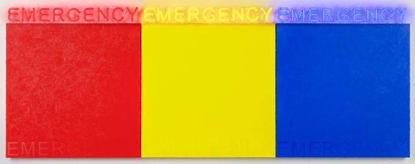 Deborah Kass b. 1952EMERGENCY #1 (RED, YELLOW, BLUE) , 2019 Acrylic and neon on canvas 32 x 87 in 81.3 x 221 cm