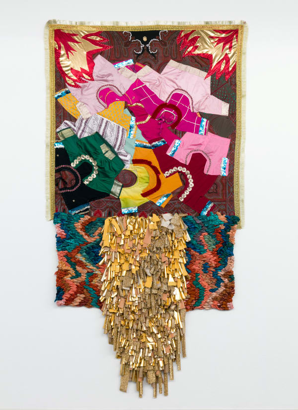 Suchitra Mattai b. 1973rapture, 2022 My family's sari blouses, my friend's grandmother's heirloom piano blanket, vintage gymnastics outfit, vintage saris, fiber, faux pearls, and vintage brooch 115 x 60 in 292.1 x 152.4 cm