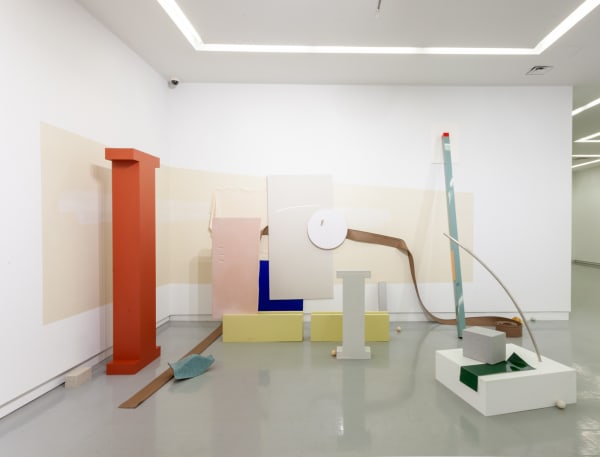 Katie Bell Line of Play, 2021 Laminate, acrylic, wood, aluminum, rubber, drywall, solid surface, plexiglass, and cue balls 111 x 200 x 112 in 281.9 x 508 x 284.5 cm