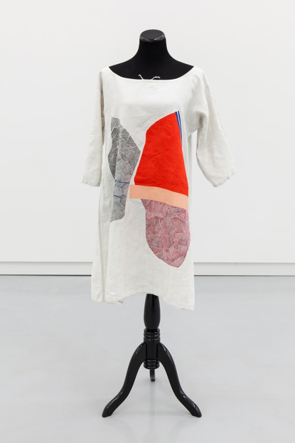 Clare Rojas Untitled, 2014 Fabric paint on French vintage linen farm dress 58 x 16 x 10 in 147.3 x 40.6 x 25.4 cm