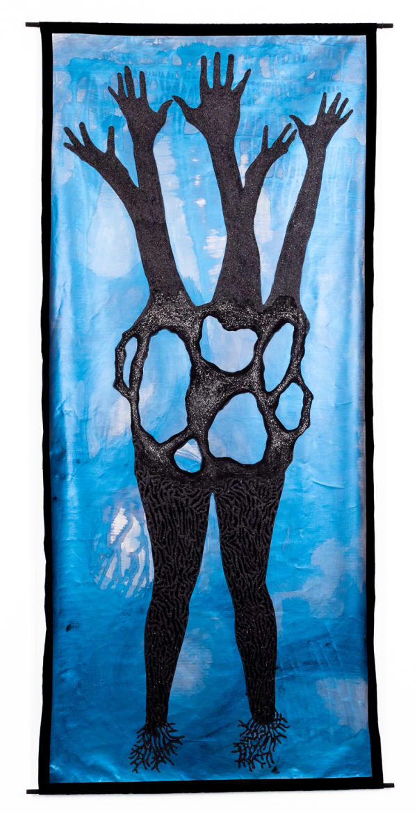 Alisa Sikelianos-Carter To Be Held, 2022 Acrylic, gouache, pearl mica, black mica, and glitter on linen with velvet 44 x 101 in 111.8 x 256.5 cm