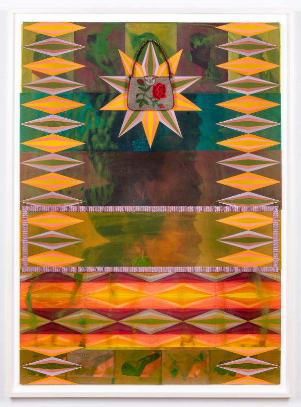 Jeffrey Gibson Pahl Lee, 2021 Mixed Media Collage, Acrylic Paint, Vintage Beaded Handbag (Glass Beads, Cotton Fabric, Leather, Brass Enclosure, Polyester, Cotton Thread), Glass Beads 64 x 48 x 1 1/2 in 162.6 x 121.9 x 3.8 cm