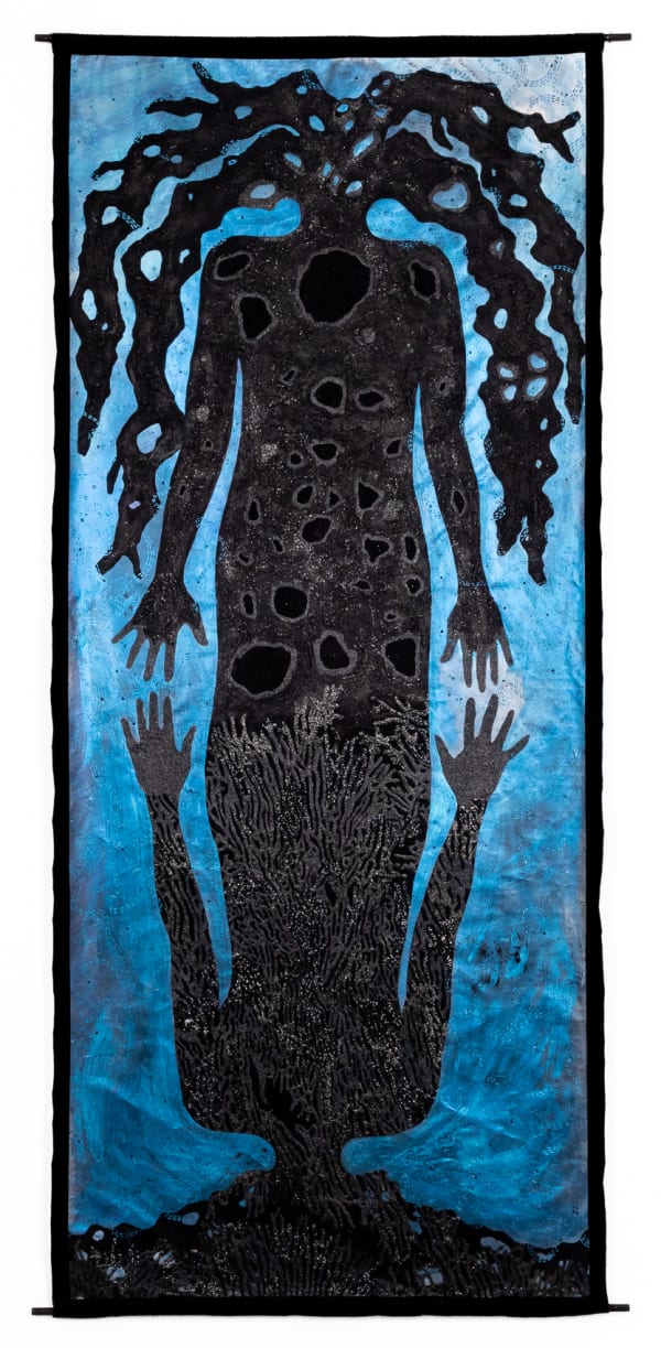 Alisa Sikelianos-Carter Meet Me on the Other Side, 2021 Acrylic, gouache, pearl mica, black mica, and glitter on linen with velvet 44 1/2 x 103 in 113 x 261.6 cm