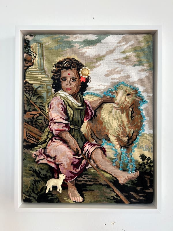 Suchitra Mattai b. 1973the awakening, 2023 Embroidery floss, beads, bindi, vintage brooch, and toy lamb on found needlepoint 17 x 13 1/4 in 43.2 x 33.7 cm
