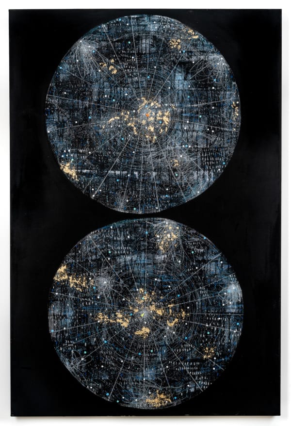 Michi Meko A Fugitive GPS, 2022 Acrylic, aerosol, oil pastel, gold leaf, aerosol hologram glitter, white colored pencil, india ink, gouache on canvas 72 x 48 in 182.9 x 121.9 cm