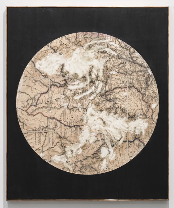 Glenn Kaino The Past Has Not Yet Happened (Brazil), 2017 Archival ink transfer on calcium sulfate with steel reinforcement, wood and India ink on canvas panel with copper frame 49 x 41 x 3 in 124.5 x 104.1 x 7.6 cm