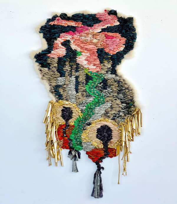 Suchitra Mattai b. 1973bloom, 2022 Vintage saris, fabric, feather boas, trim and peacock feather 80 x 48 in 203.2 x 121.9 cm