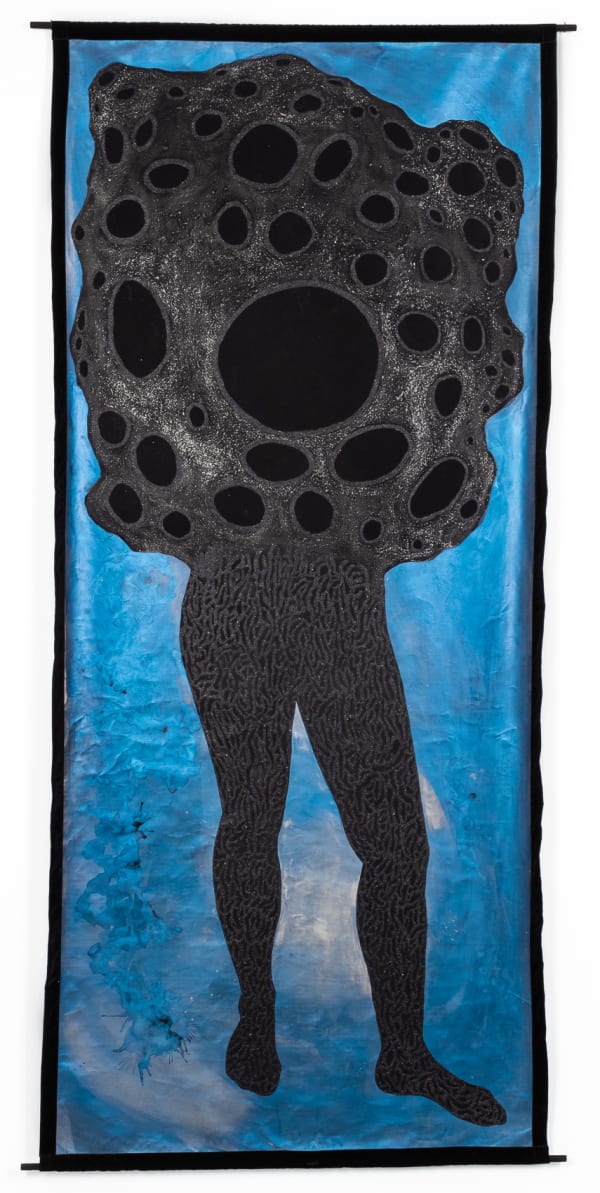 Alisa Sikelianos-Carter I am Made of Sky and Mud, 2022 Acrylic, gouache, pearl mica, black mica, and glitter on linen with velvet 44 1/2 x 101 in 113 x 256.5 cm
