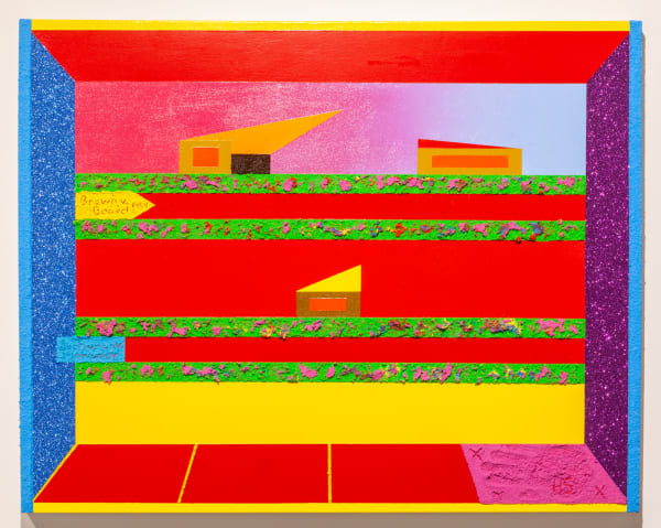 Jamaal Peterman Parallel Parking , 2021 Oil, sand, vinyl glitter on canvas 38 x 48 x 2 in 96.5 x 121.9 x 5.1 cm