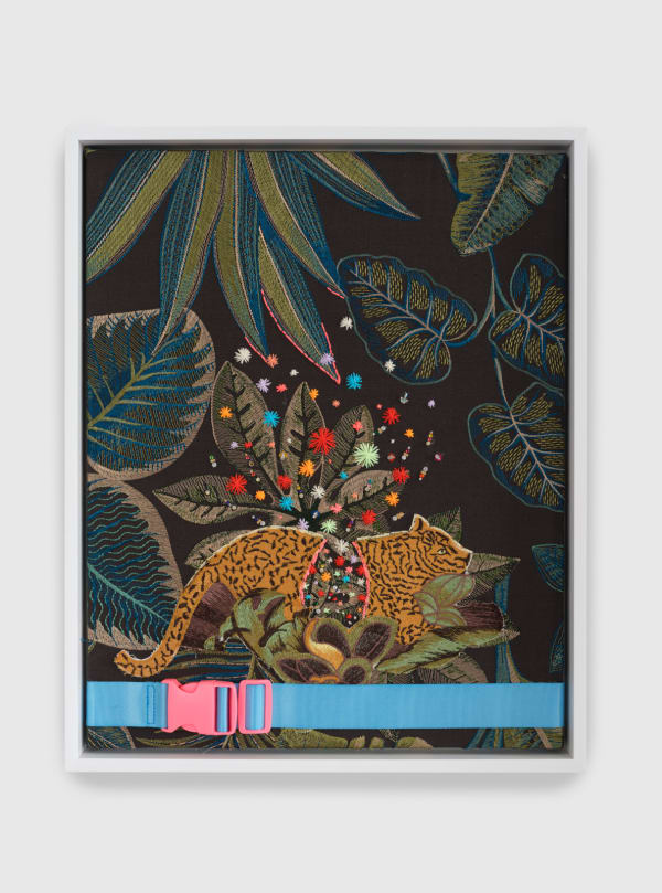 Suchitra Mattai b. 1973an explosive heart, 2022 Embroidery floss, bindis, belt, and found embroidery fabric 20 x 16 in 50.8 x 40.6 cm