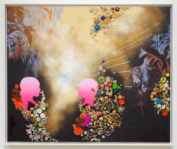Suchitra Mattai A Time Machine for Renewed Love, 2021 Acrylic, spray paint, gouache, oil, vintage brooches, embroidery floss, faux peacock feathers, and appliqués on canvas 60 x 72 x 2 in 152.4 x 182.9 x 5.1 cm