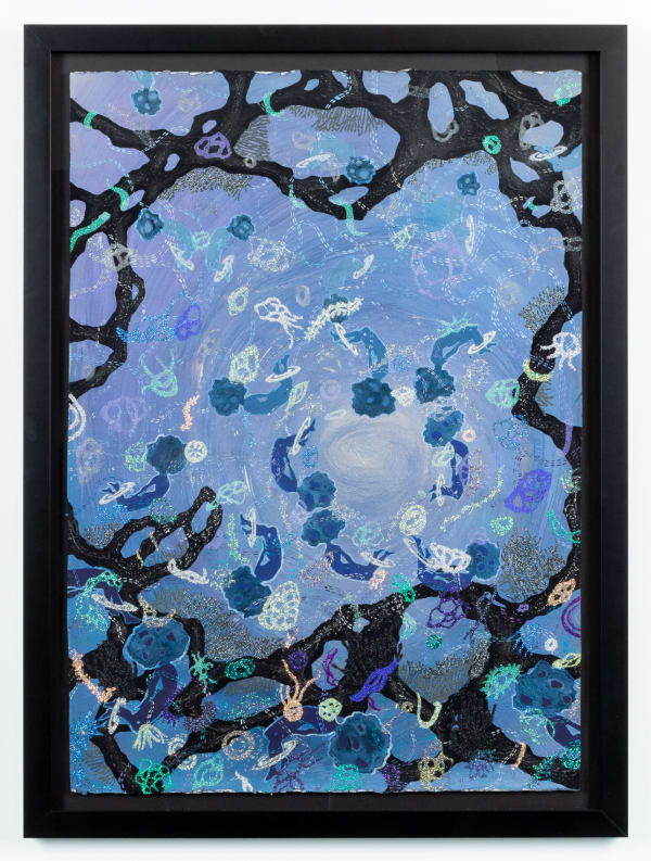 Alisa Sikelianos-Carter Wild Delight, 2022 Acrylic, gouache, pearl mica, black mica, glass, glitter, micaceous iron oxide, and abalone shell on archival paper 35 3/8 x 47 5/8 x 2 in 89.9 x 115.9 x 5.1 cm