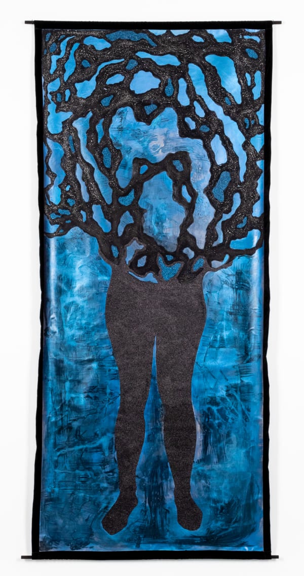 Alisa Sikelianos-Carter A Godx of Song and Sand, 2022 Acrylic, gouache, pearl mica, black mica, and glitter on linen with velvet 44 1/2 x 101 in 113 x 256.5 cm