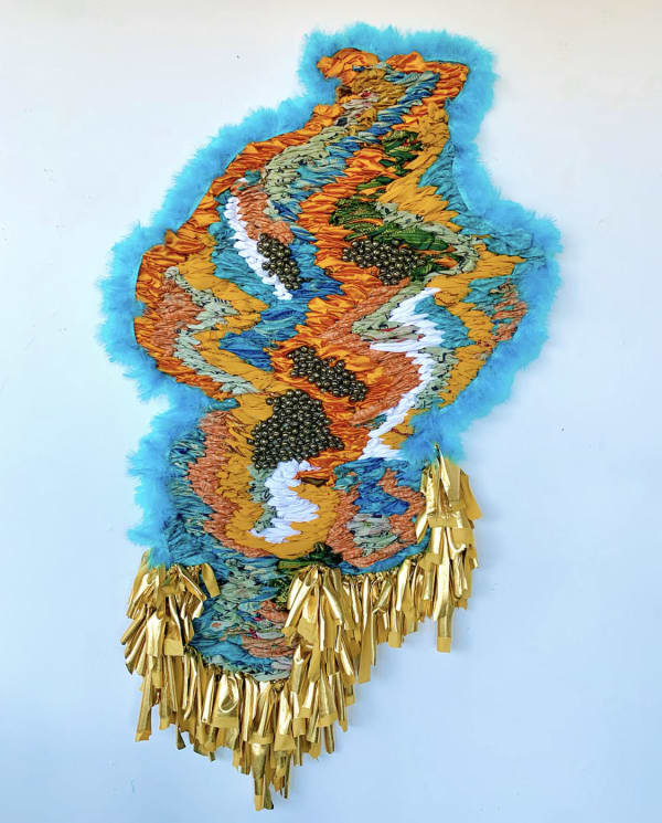 Suchitra Mattai b. 1973Earth, sea, soul, 2021 Family sari, vintage saris, ghungroo bells, fabric and feather trim 77 x 43 in.