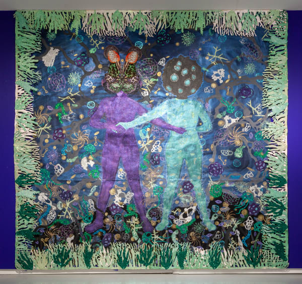 Alisa Sikelianos-Carter Looking Forward and Backward and Upward and Through; Black into Blue, Me Onto You (II), 2022 Acrylic, gouache, glitter, micaceous iron oxide, and abalone shell on archival paper 119 x 126 in 302.3 x 320 cm