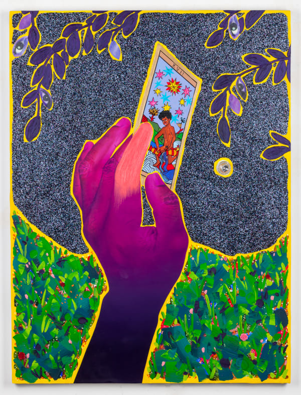 Devan Shimoyama The Star, 2019 Oil, color pencil, collage, glitter, jewelry and acrylic on canvas stretched over panel 48 x 36 x 3 in 121.9 x 91.4 x 7.6 cm