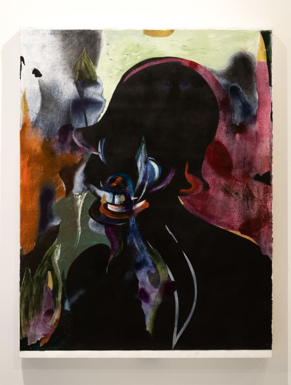 Leasho Johnson Mastering the Hazardous, 2022 Charcoal, water colors, distemper, acrylic, oil stick, oil indigo dye, log-wood dye, collage, gesso on paper mounted on canvas 26 x 32 in 66 x 81.3 cm