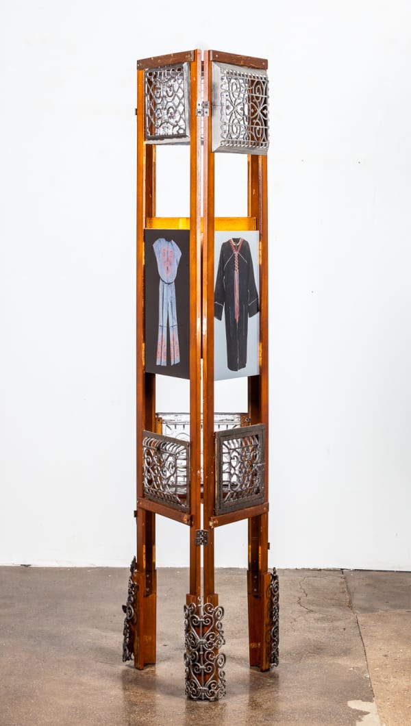 Jae Jarrell Victorian Screen & Radiator Gates, 2017 Wood, radiator gates, and photographs 64 x 14 x 14 in 162.6 x 35.6 x 35.6 cm