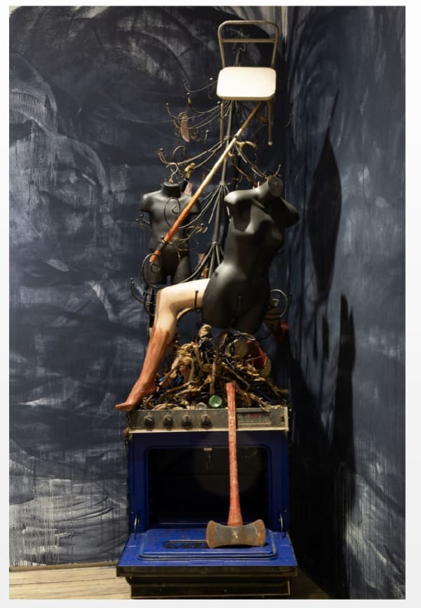 Abigail Deville Archive Wakes (Number Tree), 2021 Television, acrylic on stove, axe, mannequins, iron Christmas tree, gold wire, lotto tickets, chains, bungee cords with hooks, plant roots, water cooler, chains, panty hose, window fragments, broken bottles, chair, pool cue, walking canes, shoe sole, clay wheel, chandelier crystal prisms 114 x 45 x 33 inches