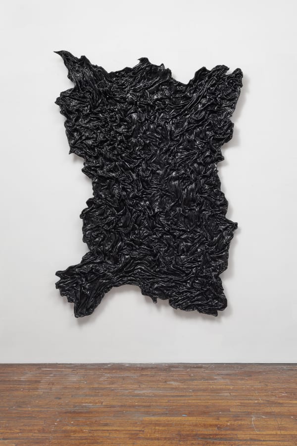 Allana Clarke b. 1987The Tongue is a Muscle, 2022 30 second hair bonding glue (rubber latex, black carbon dye, Ammonium Hydroxide) 81 x 54 x 4 in 205.7 x 137.2 x 10.2 cm