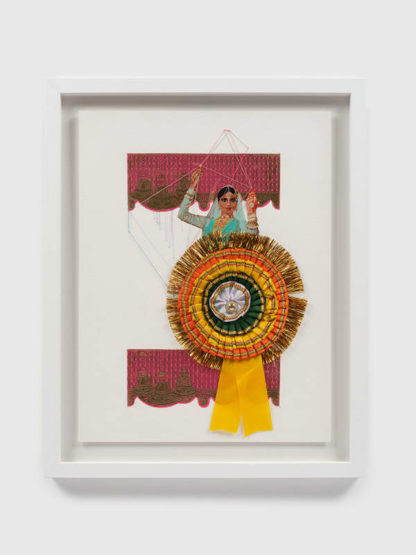 Suchitra Mattai b. 1973in her hands, 2023 Magazine page, first prize ribbon, and notecard from India, thread, and gouache 16 x 12 in 40.6 x 35.6 cm