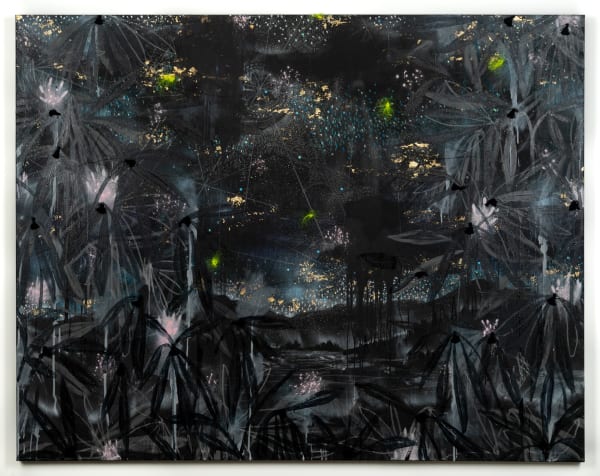 Michi Meko A Beautiful Free Uneasy: The Rhododendron Cave hide out, 2022 Acrylic, Aerosol, Oil Pastel, Gold Leaf, Aerosol Hologram Glitter, White Colored Pencil. India ink Sequins, Tassel, 4lb Mr Crappie Hi Viz Mono lament, Gouache on Canvas 66 x 84 in 167.6 x 213.4 cm