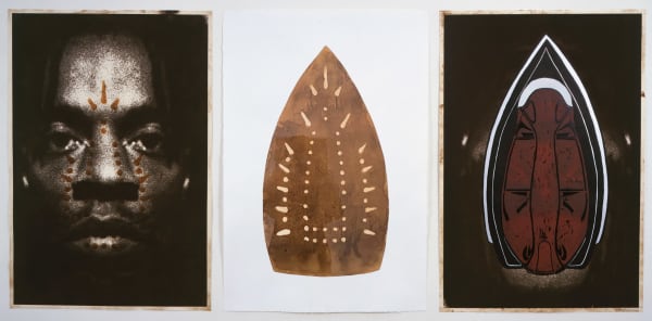 Willie Cole Man Spirit Mask, 1999 Photo etching, silkscreen, and photo etching with wood cut 39 1/8 x 26 1/2 in each 99.4 x 67.3 cm each