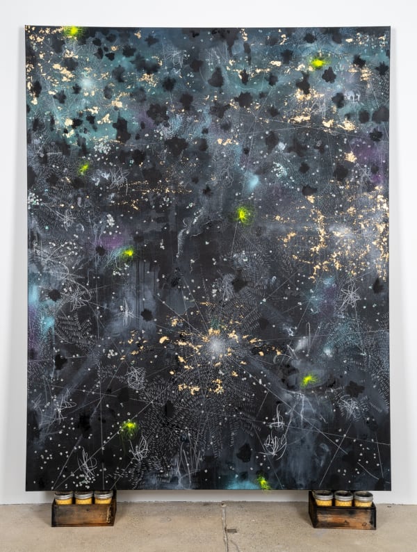 Michi Meko Crappie Painting: Render An Apocalypse. A Life for a Life. How To Kill a Fish., 2022 Acrylic, Acrylic 60 Gloss, Aerosol, Oil Pastel, Gold Leaf, Aerosol Hologram Glitter, White Colored Pencil. India ink, Sequins, Tassel, 4lb Mr Crappie Hi Viz Mono lament, Gouache, Fish Scales, Fish Glyco Protein Yellow GA Corn Grits, Pur Glass Preserve Jars, Wooden Crates on Canvas 91 x 66 in 231.1 x 167.6 cm