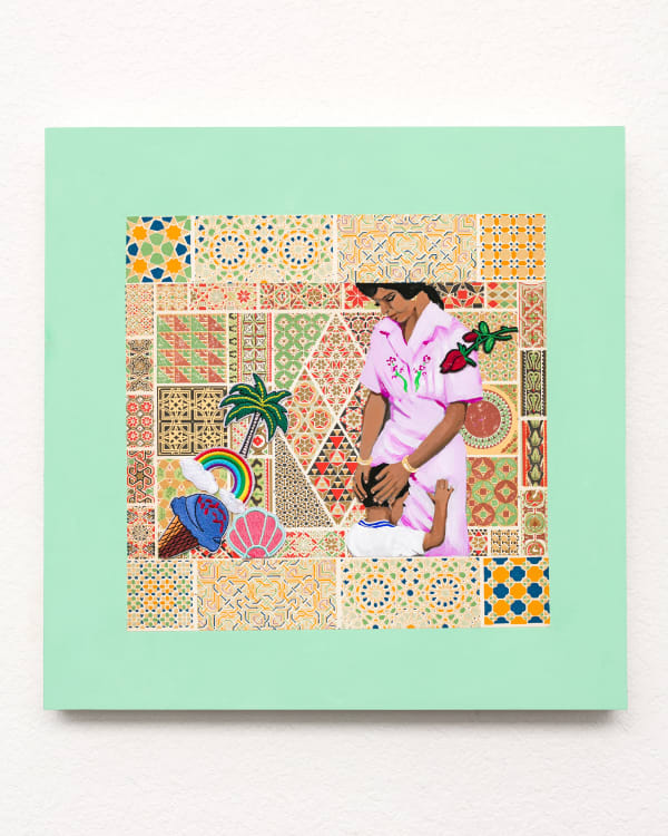 Suchitra Mattai b. 1973tropical love, 2021 Gouache, "the Grammar of Ornament" book pages, 1960s Saturday Evening Post clipping, and appliqués 16 x 16 in 40.6 x 40.6 cm