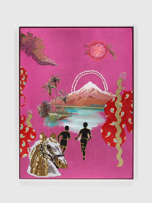 Suchitra Mattai b. 1973a welcome sight (in the afternoon light), 2022 Acrylic, embroidery floss, beads, trim, and appliqué on stretched fabric 32 x 24 in 81.3 x 61 cm