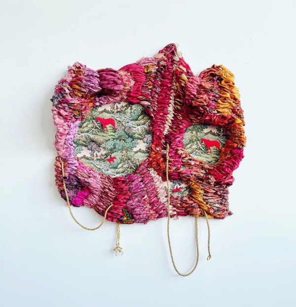 Suchitra Mattai b. 1973the in between, the here and now, 2022 Embroidery floss on fabric, vintage saris, rope net and cord 45 x 54 in 114.3 x 137.2 cm
