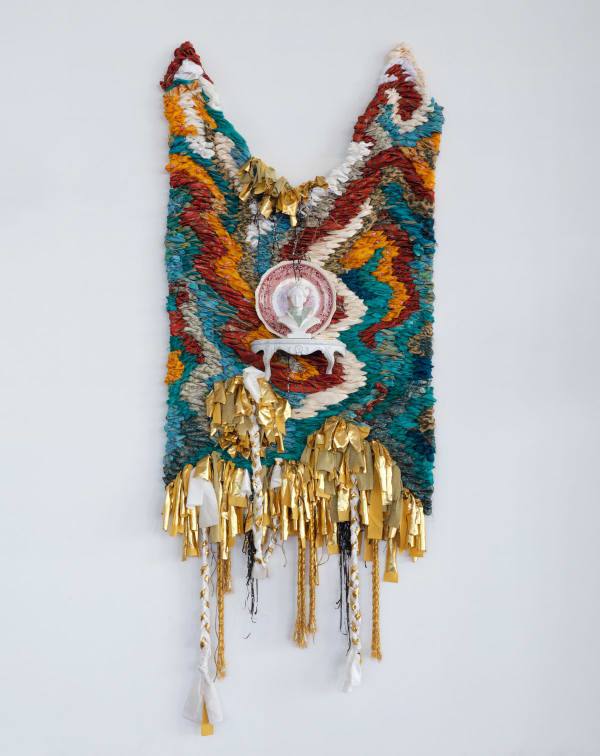 Suchitra Mattai b. 1973salt of the earth, 2022 Found bust made of salt, broken glass from my studio attempted break in, Bollywood cassette tape from my childhood, vintage plated shelf, trim, and fabric 96 x 34 in 243.8 x 86.4 cm